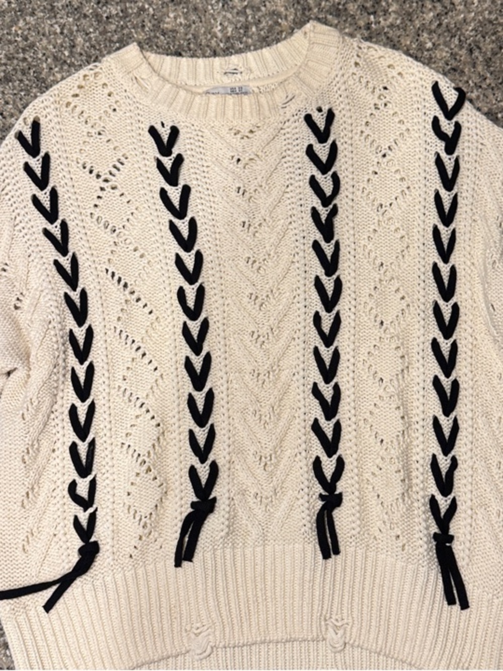 Women’s Cream Cable Knit Sweater with Black Braid Detail